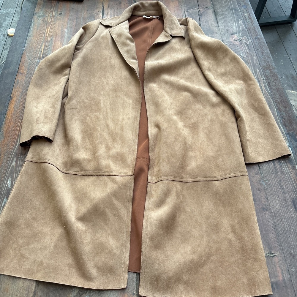 Philosophy Republic Clothing Faux Suede Open Front Trench Coat Jacket Tan M
